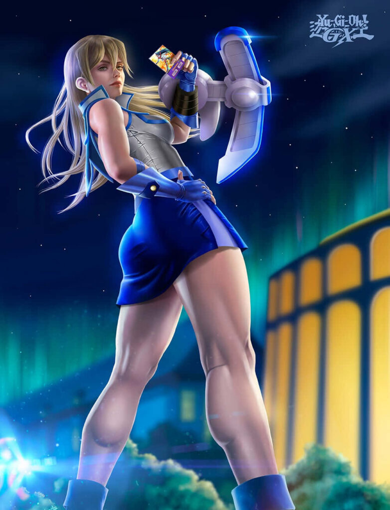 Alexis Rhodes at night holding Duel Disk and card ready for Yu-Gi-Oh challenge wallpaper