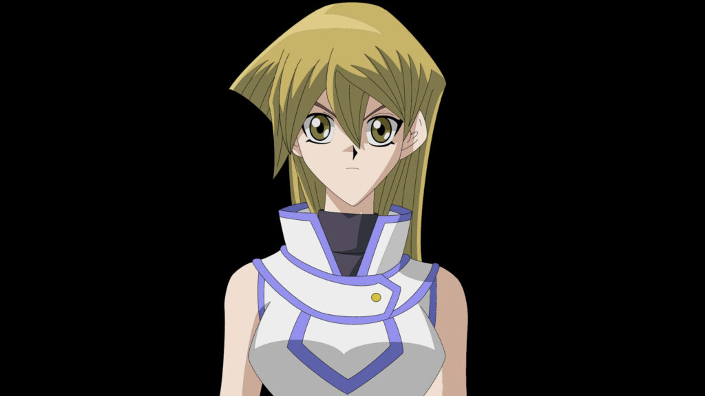 Alexis Rhodes in Duel Monsters uniform confidently posing Yu-Gi-Oh anime wallpaper background