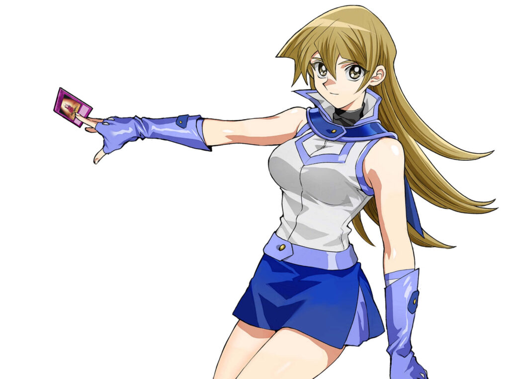 Alexis Rhodes dynamic pose holding card scenic Yu-Gi-Oh wallpaper background for fans