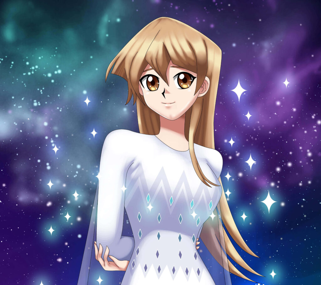 Alexis Rhodes stands determined against vibrant cosmic background YuGiOh wallpaper image