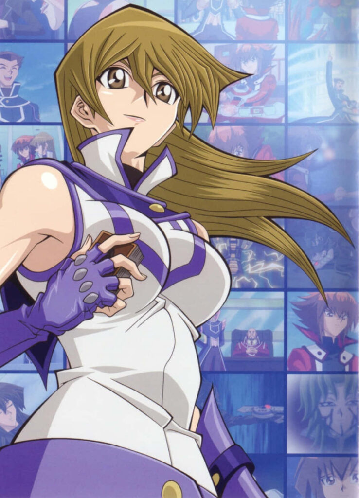 Alexis Rhodes YuGiOh battle mode confident pose anime background energetic spirit wallpaper
