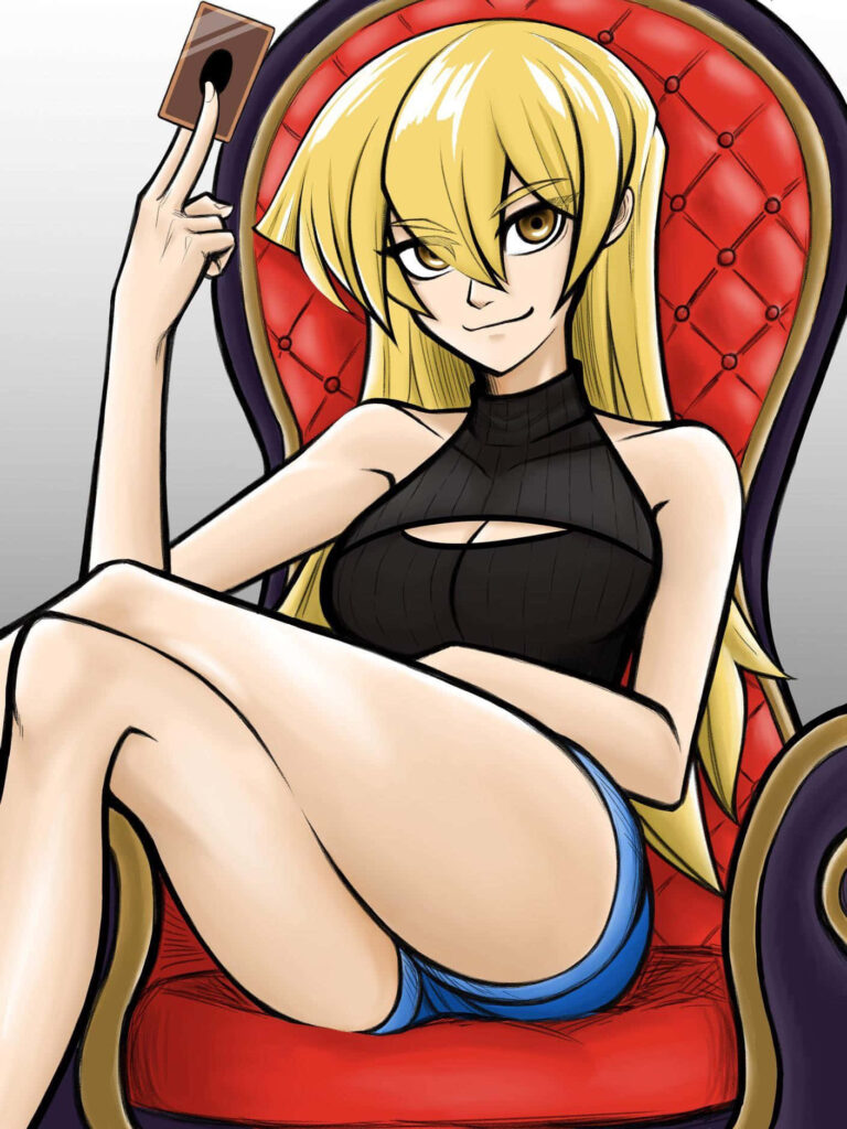 Alexis Rhodes from Yu-Gi-Oh sitting on red chair holding card confident bold wallpaper background