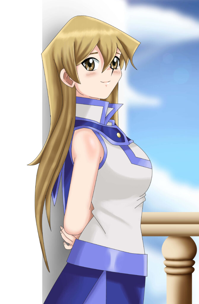 Alexis Rhodes YuGiOh standing confident on balcony with blue sky background wallpaper