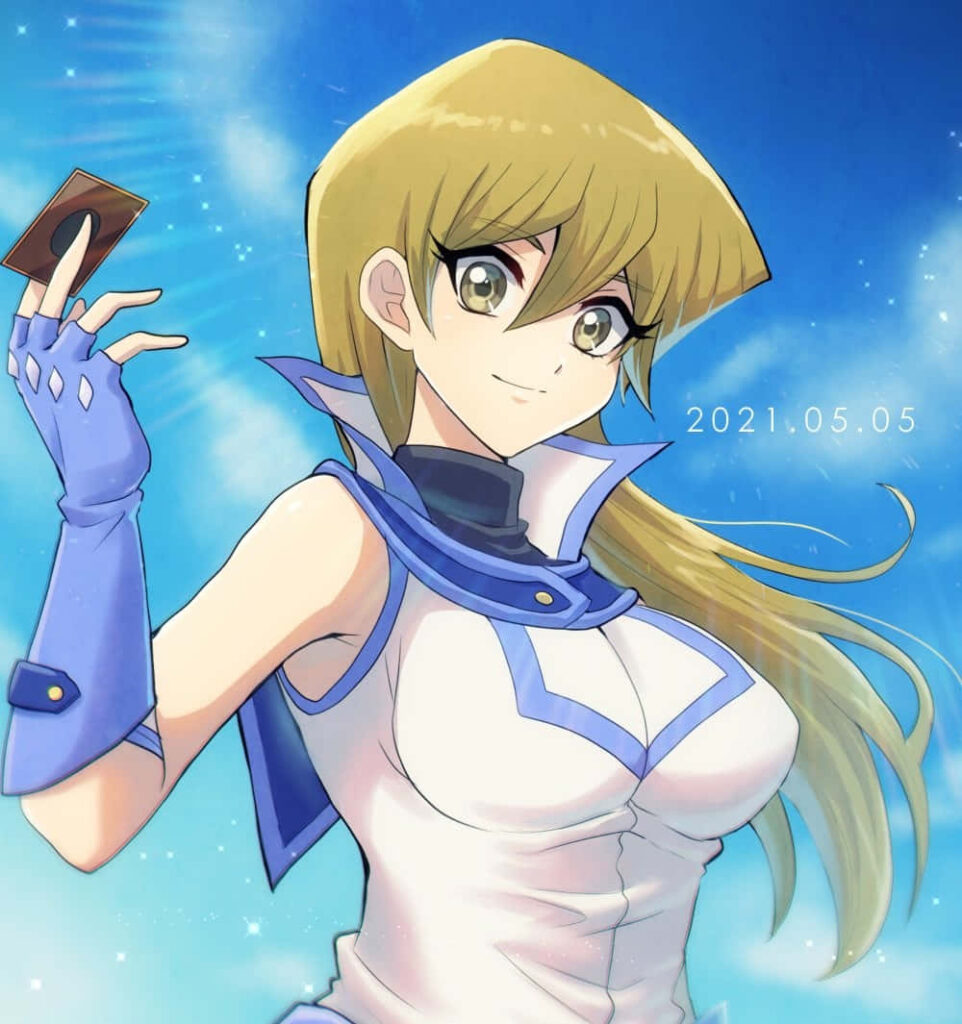 Alexis Rhodes from Yu-Gi-Oh confidently holding card with vibrant blue sky background wallpaper