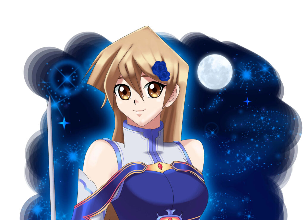Alexis Rhodes confident Yu-Gi-Oh duelist standing against a vibrant starry night sky background Wallpaper