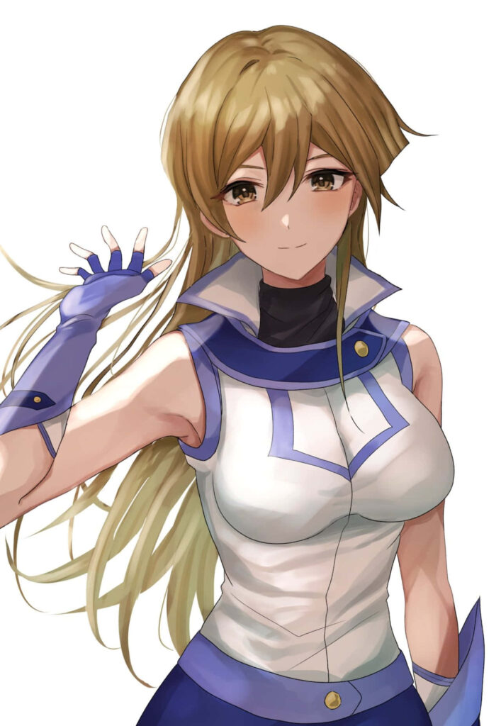 Alexis Rhodes in duelist uniform confident pose YuGiOh character white background wallpaper