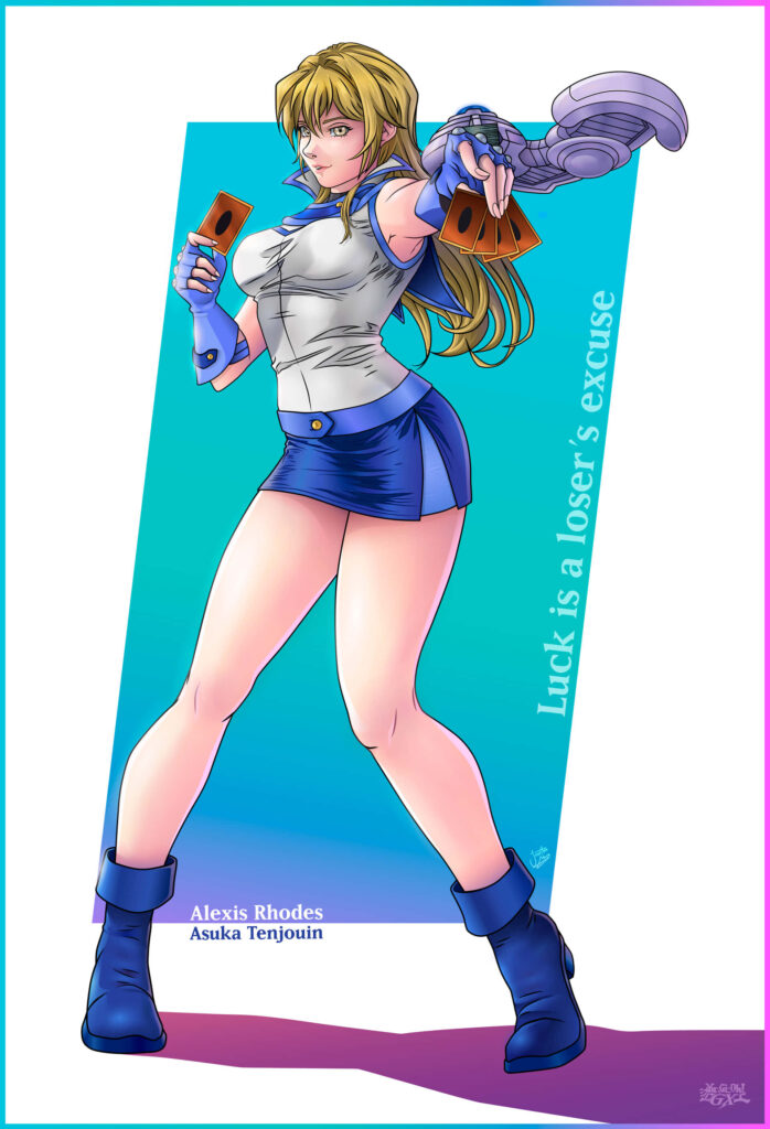 Alexis Rhodes Yu-Gi-Oh confident duelist with duel disk and cards vibrant stylish wallpaper background