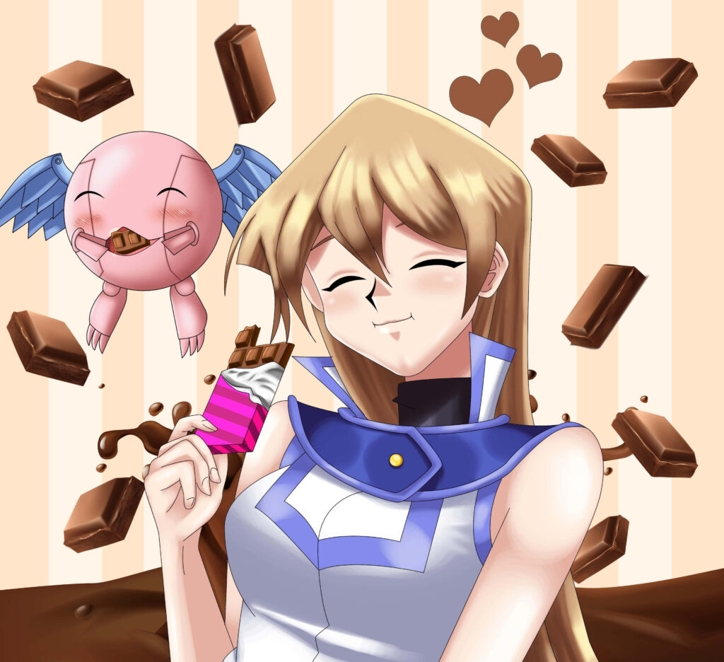 Alexis Rhodes YuGiOh duelist pose with flying chocolate pieces and cheerful winged creature wallpaper
