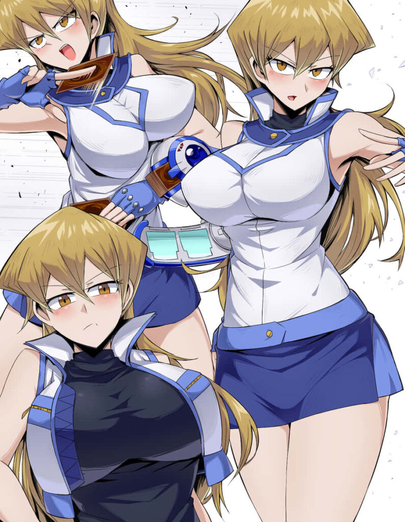 Alexis Rhodes from YuGiOh in dynamic duel pose with Duel Disk vibrant action wallpaper background