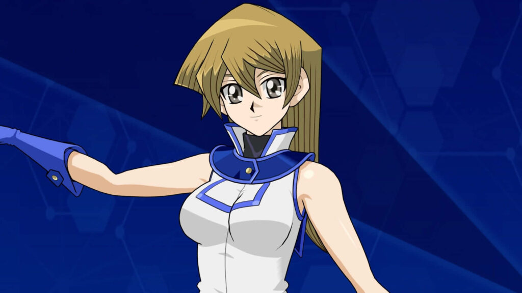Alexis Rhodes YuGiOh confident stylish pose dynamic blue wallpaper background image