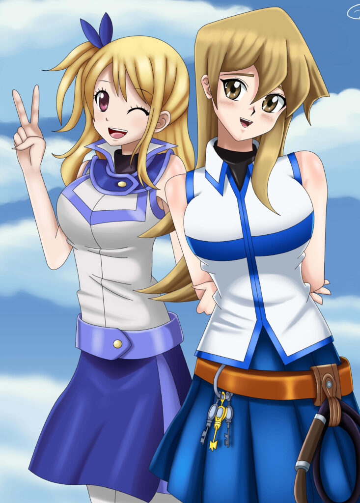 Alexis Rhodes in Yu-Gi-Oh attire confident pose bright sky vibrant wallpaper background