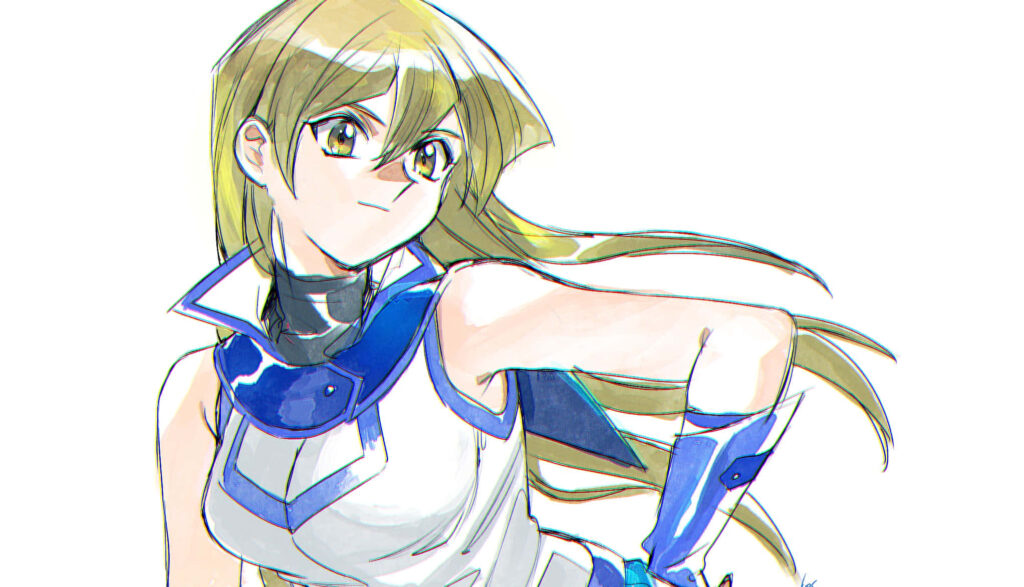Alexis Rhodes in Yu-Gi-Oh uniform confidently posing with determination on clean wallpaper background