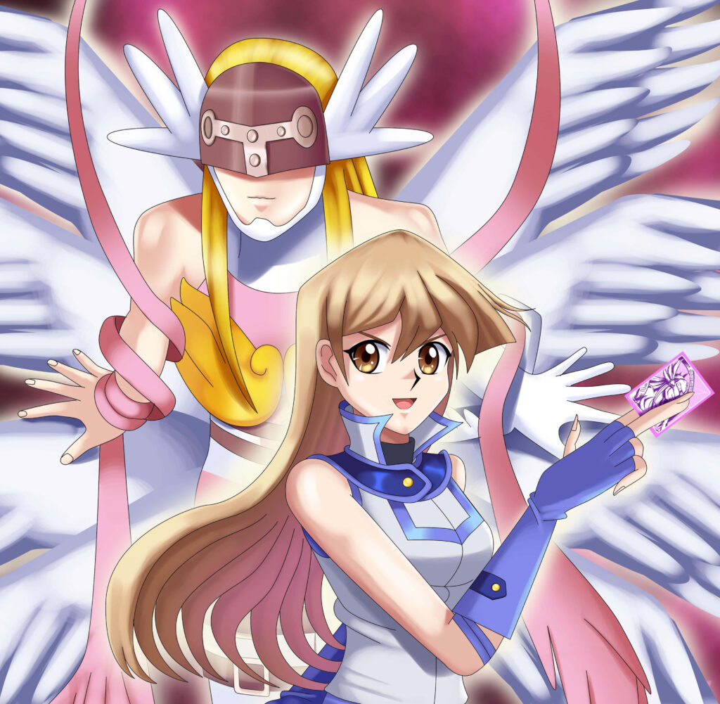 Alexis Rhodes confidently holding Duel Monster card with vibrant action Yu-Gi-Oh wallpaper background