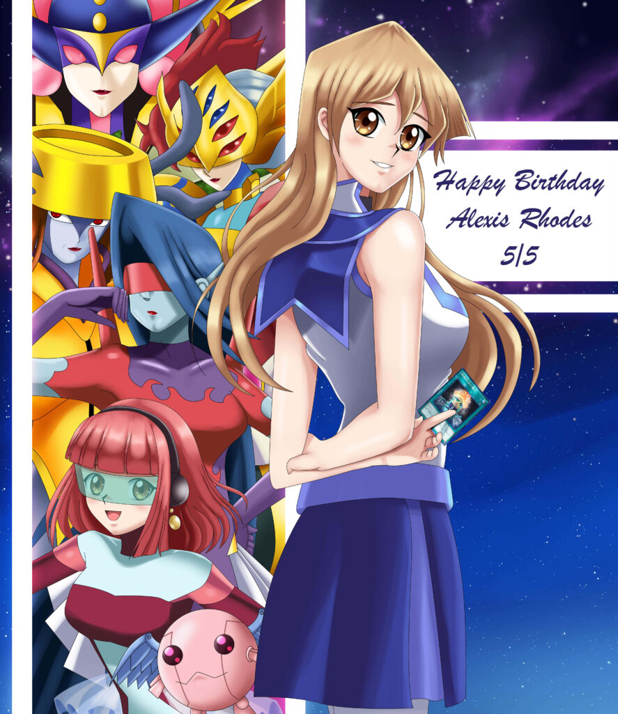 Alexis Rhodes YuGiOh confident pose holding duel cards with iconic monsters cosmic wallpaper background
