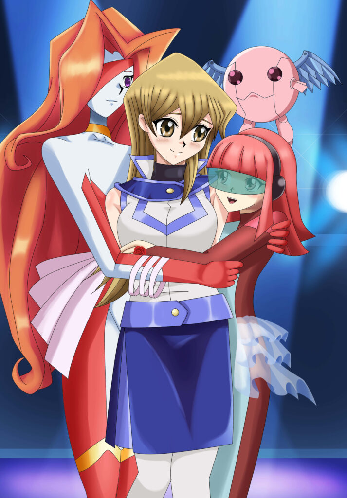 Alexis Rhodes from YuGiOh in spotlight with iconic Duel Monsters vibrant wallpaper background
