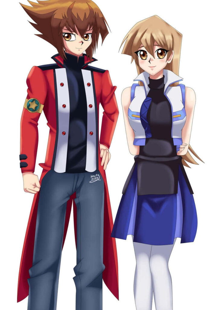 Alexis Rhodes and Yu-Gi-Oh anime character in vibrant gaming wallpaper with iconic outfits