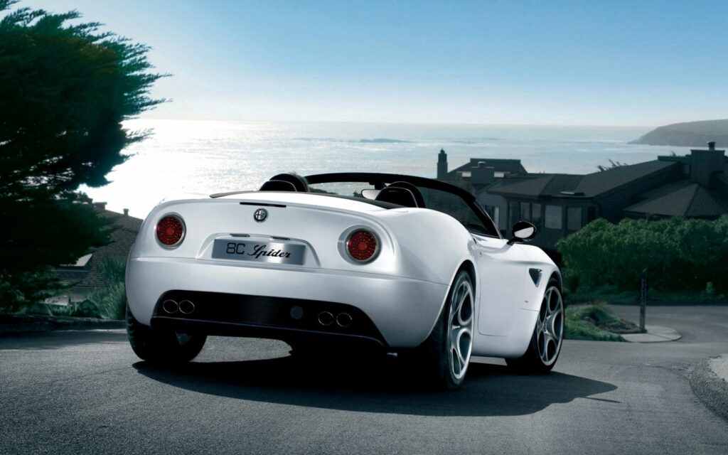 Alfa Romeo 8C Spider: Coastal View with Scenic Homes & Ocean Wallpaper