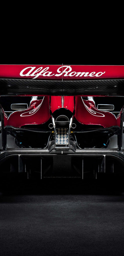 Rear view of Alfa Romeo F1 2018 car showcasing aerodynamic diffuser sleek racing design wallpaper