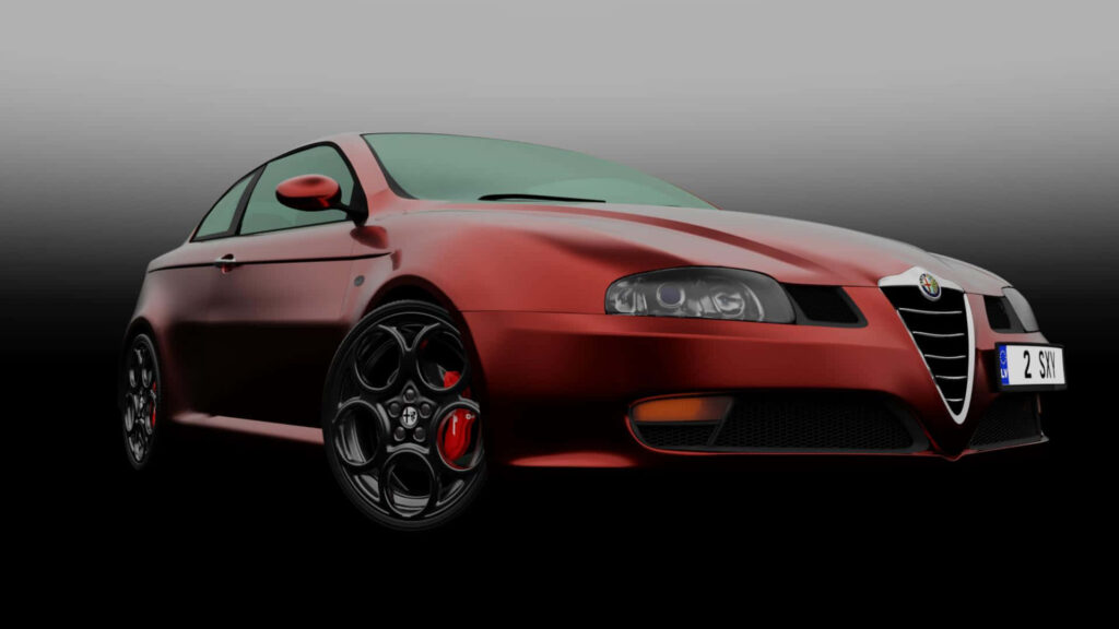 Red Alfa Romeo GT parked in vibrant cityscape showcasing sleek design and modern elegance wallpaper
