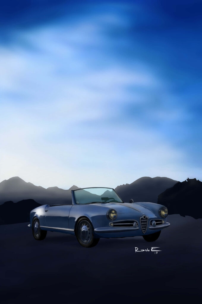 Classic Alfa Romeo Spider convertible on open road with mountain backdrop and clear blue sky Wallpaper