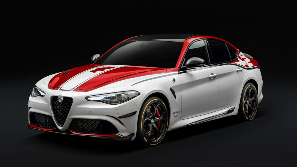 Alfa Romeo Stelvio red and white sporty SUV on dark background perfect car wallpaper design