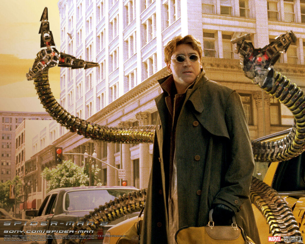 Alfred Molina as Doctor Octopus with mechanical arms on city street Spider-Man 2 wallpaper background