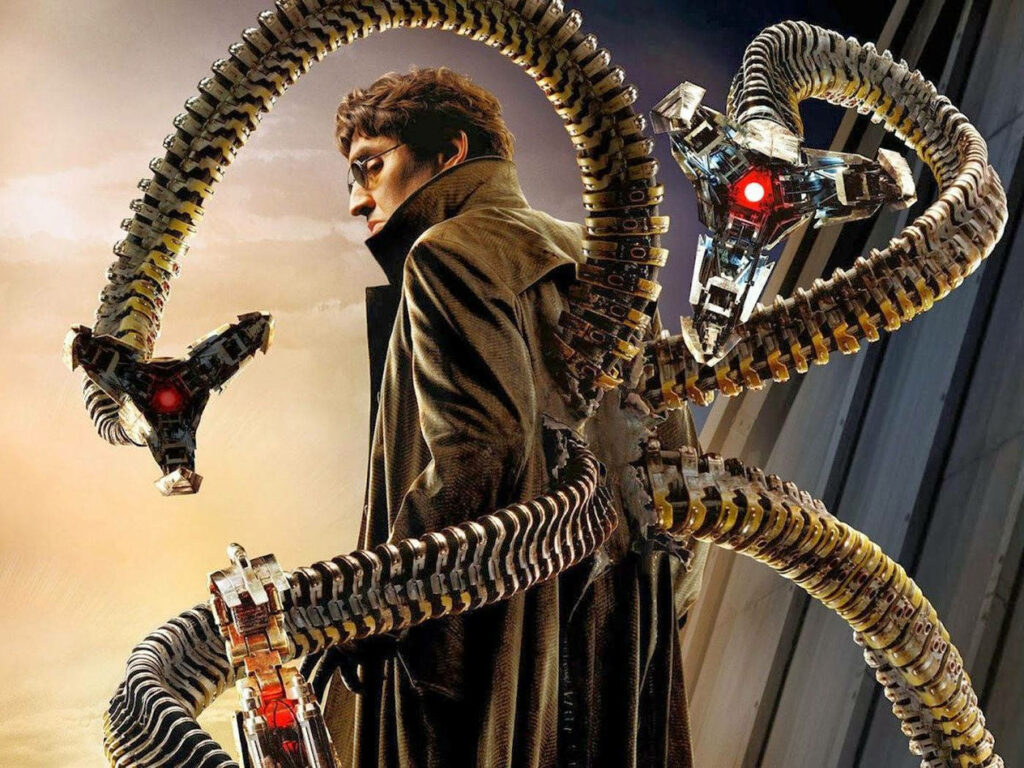 Alfred Molina as Doctor Octopus with mechanical tentacles against vibrant city backdrop wallpaper