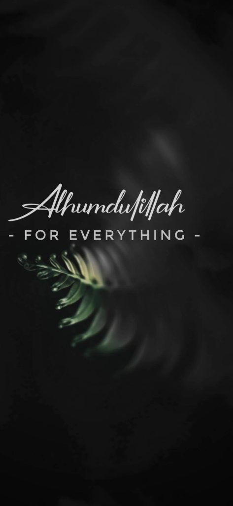 Minimalist Alhamdulillah For Everything wallpaper with white text and blurred green fern on black background