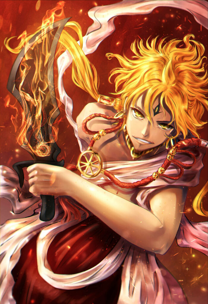 Alibaba from Magi wielding glowing flame sword with intense determination fiery background wallpaper