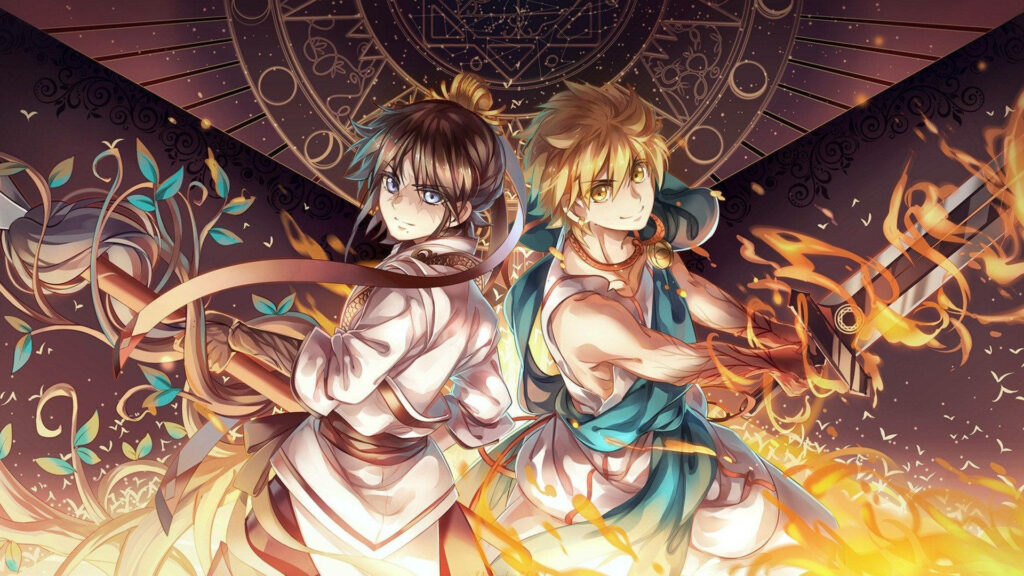 Alibaba and Hakuryuu from Magi back to back with swirling magic in a mystical wallpaper background