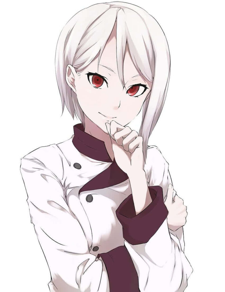 Alice Nakiri anime chef portrait with confident pose red eyes silver hair white uniform wallpaper