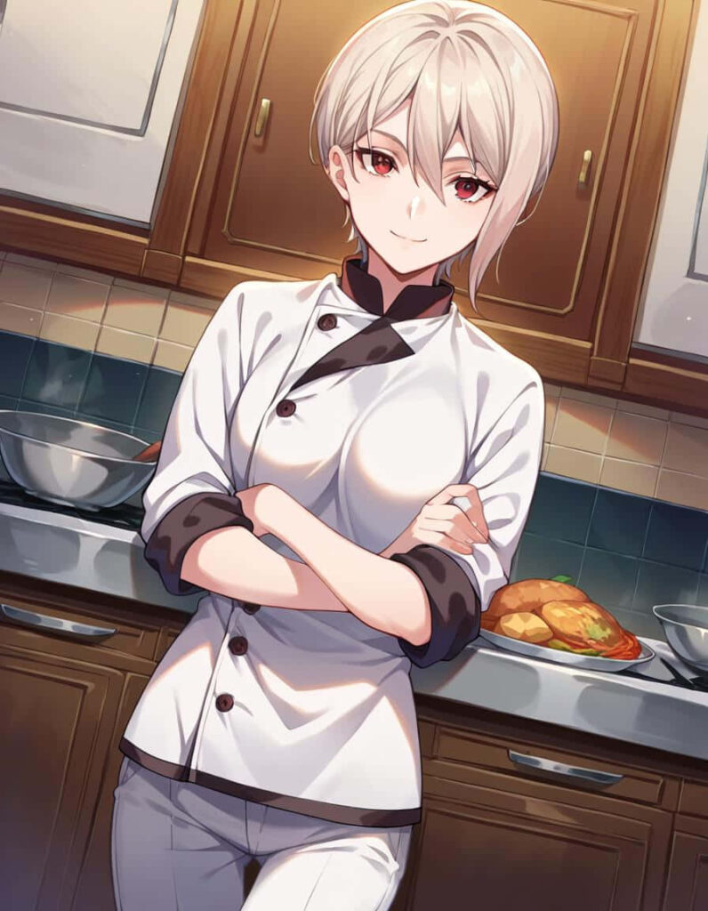 Alice Nakiri in chef uniform confidently posing in modern kitchen vibrant anime wallpaper background