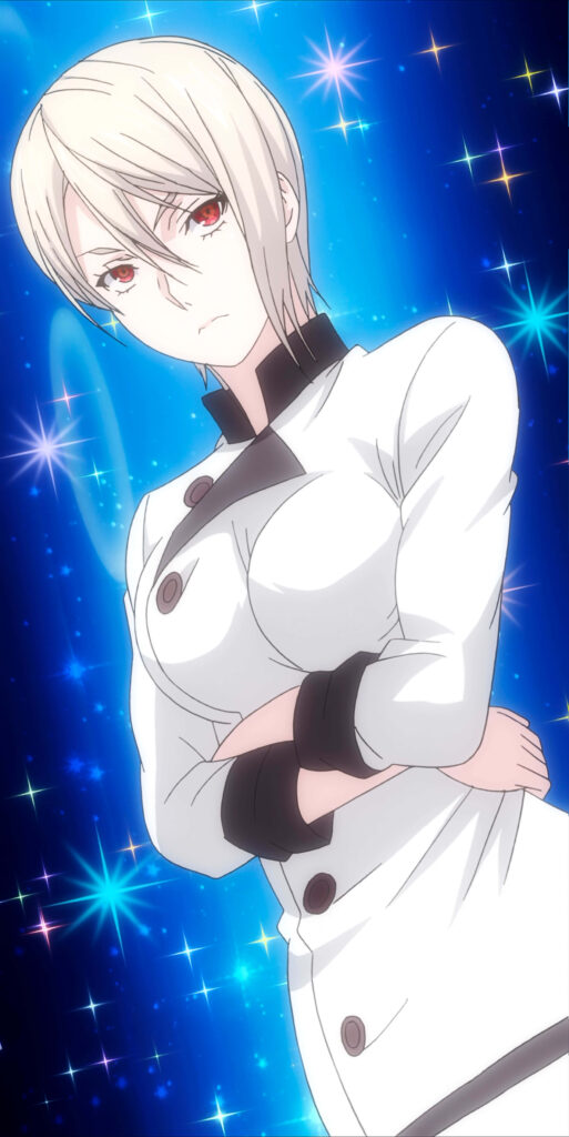 Alice Nakiri in chef uniform posing confidently against vibrant sparkling wallpaper background