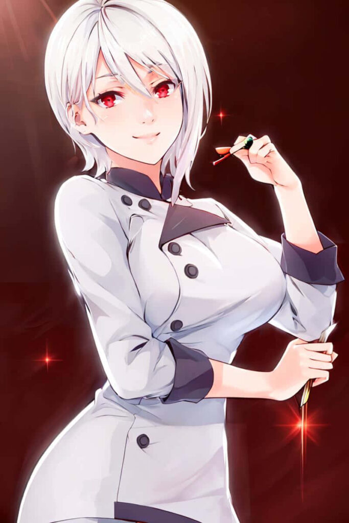 Alice Nakiri confident animated chef with red eyes white hair dark wallpaper background