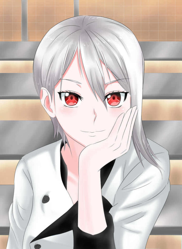 Alice Nakiri confident anime chef in uniform with playful expression in kitchen wallpaper background