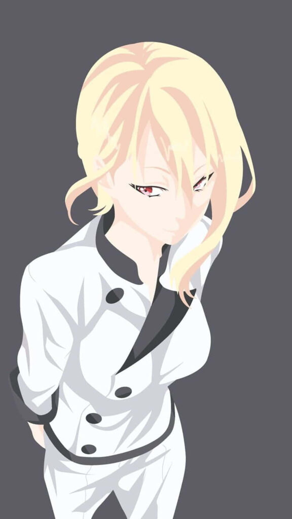 Alice Nakiri blonde chef in white uniform minimalist anime wallpaper confident pose background