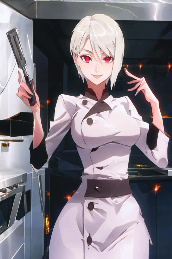 Alice Nakiri confident in chef uniform holding utensil in modern kitchen anime wallpaper background