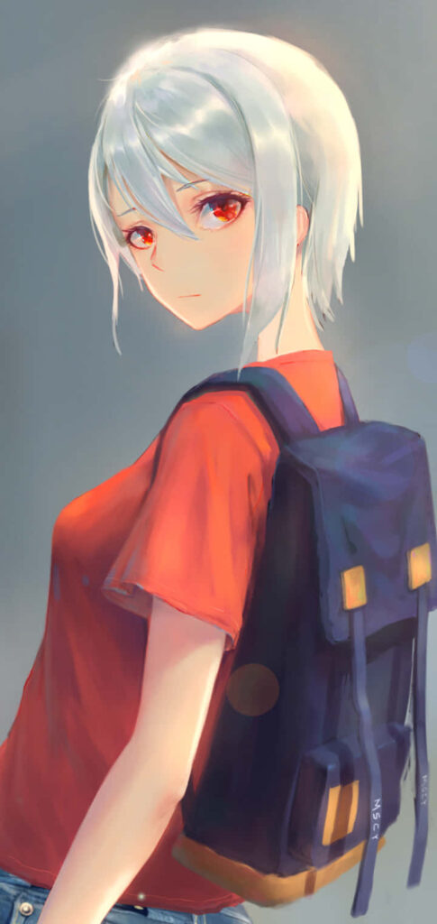 Alice Nakiri anime character with silver hair red shirt backpack soft blurred wallpaper background