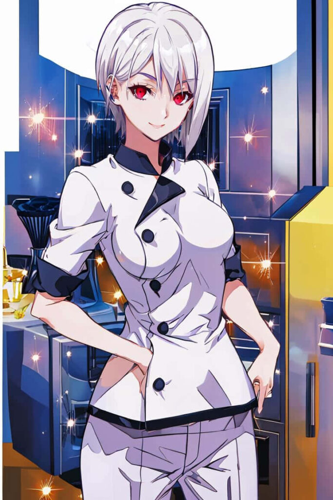 Alice Nakiri in stylish chef uniform with red eyes in modern kitchen vibrant culinary wallpaper