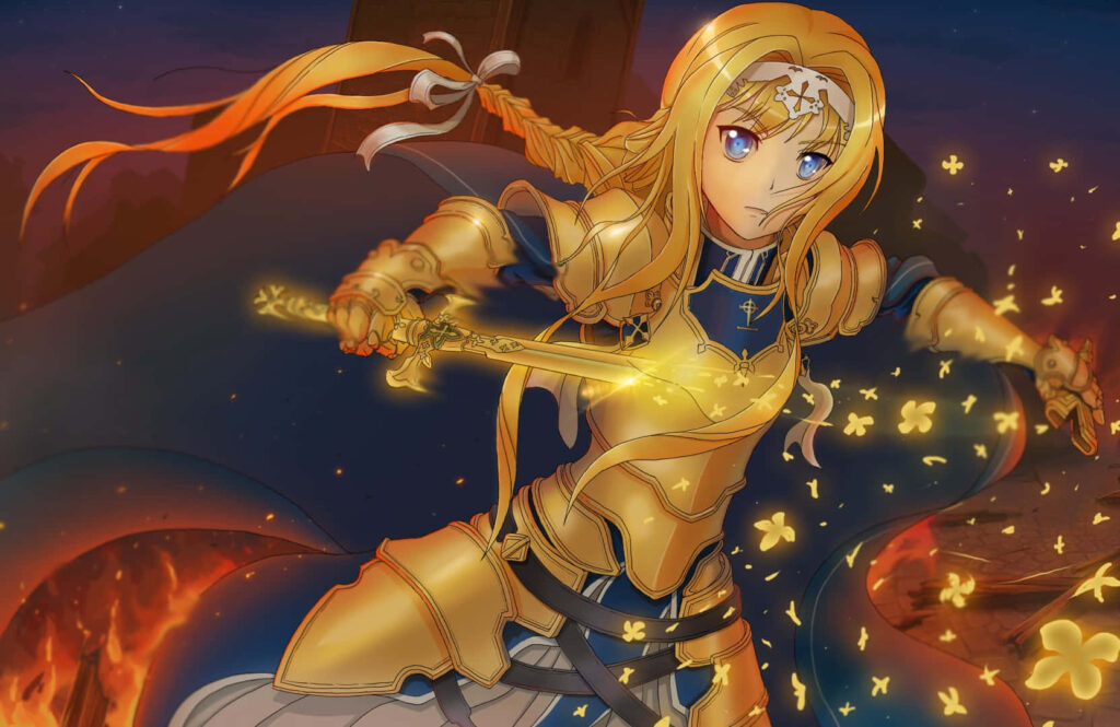 Alice Zuberg in ornate armor wields radiant sword with glowing butterflies in fantasy battle scene Wallpaper
