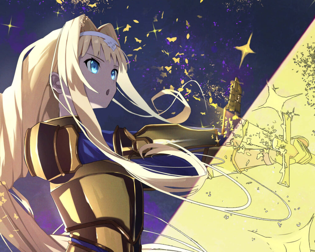 Alice Zuberg in golden armor casting radiant magic under a starry night action wallpaper background