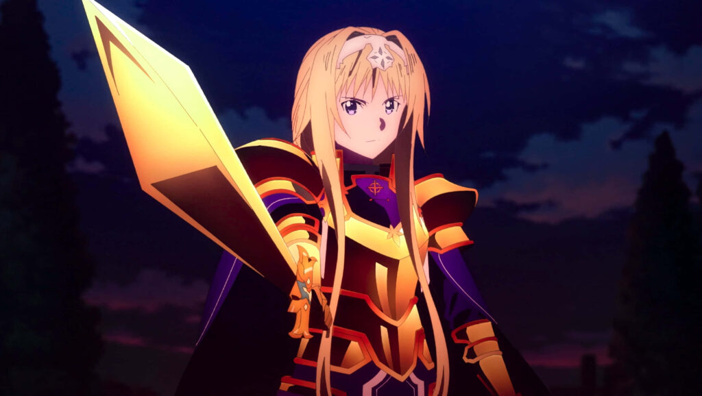 Alice Zuberg in golden armor wielding shining sword against dramatic fantasy twilight sky wallpaper