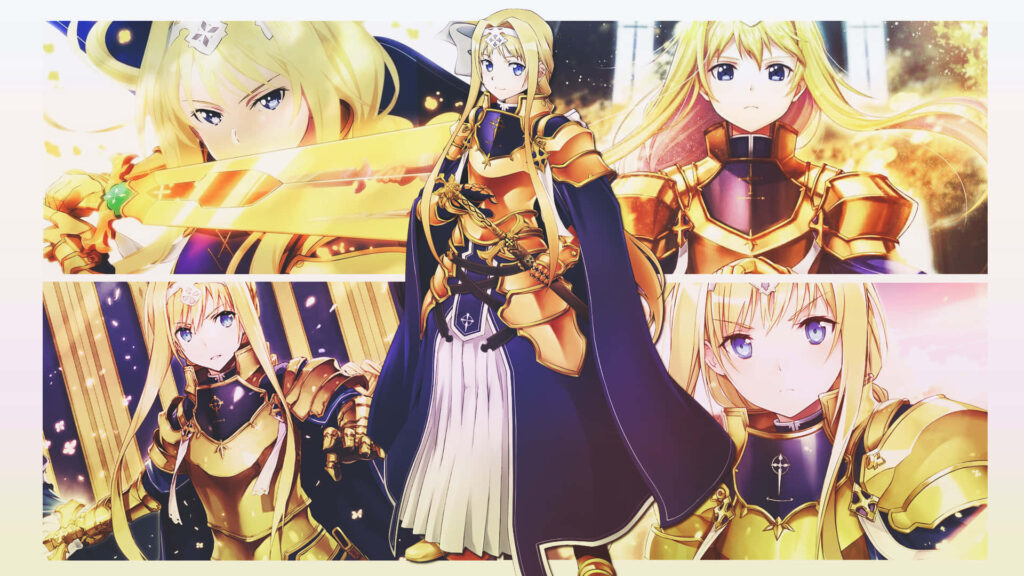 Alice Zuberg in golden armor with majestic sword glowing in radiant heroic wallpaper background