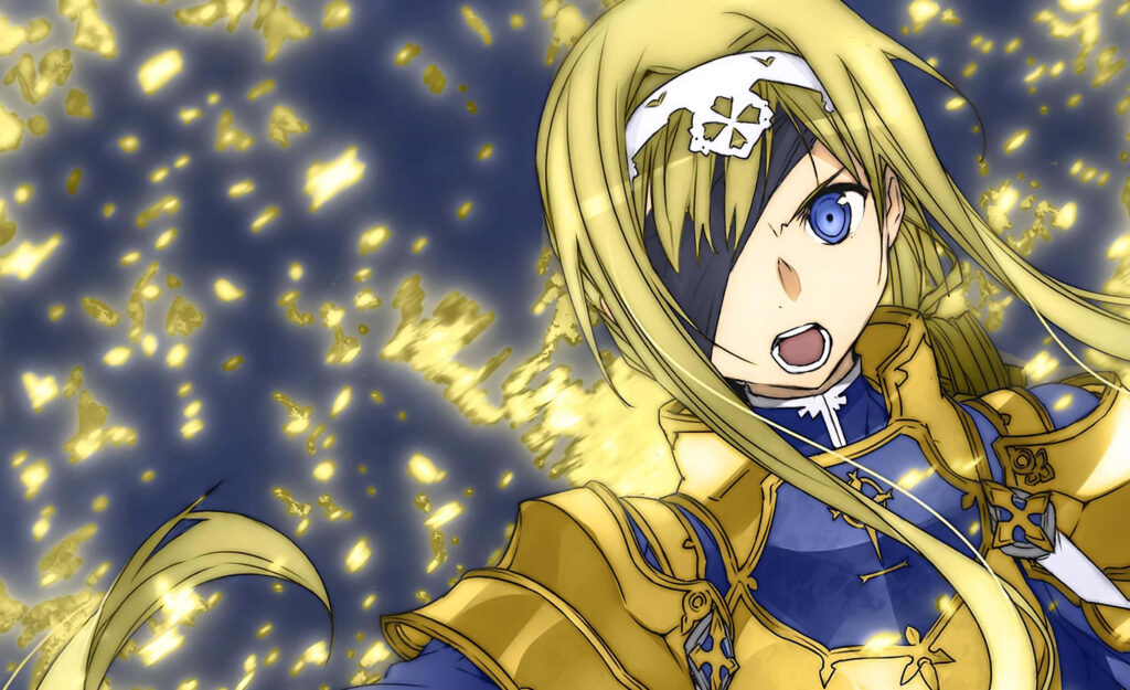 Alice Zuberg in magical world with glowing golden lights showing strength and determination wallpaper