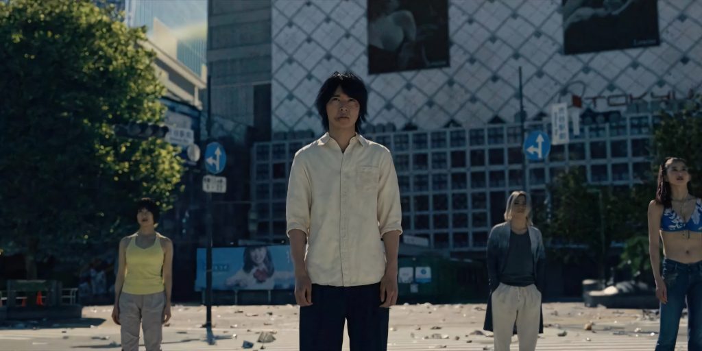 Alice in Borderland wallpaper Arisu Kuina Chishiya Ann at deserted sunlit Shibuya Crossing