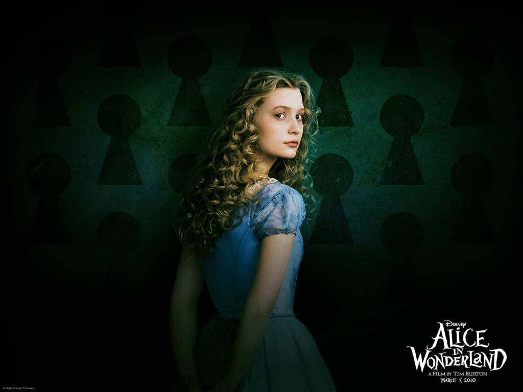 Alice in a mysterious room with keyhole patterns whimsical Wonderland wallpaper background