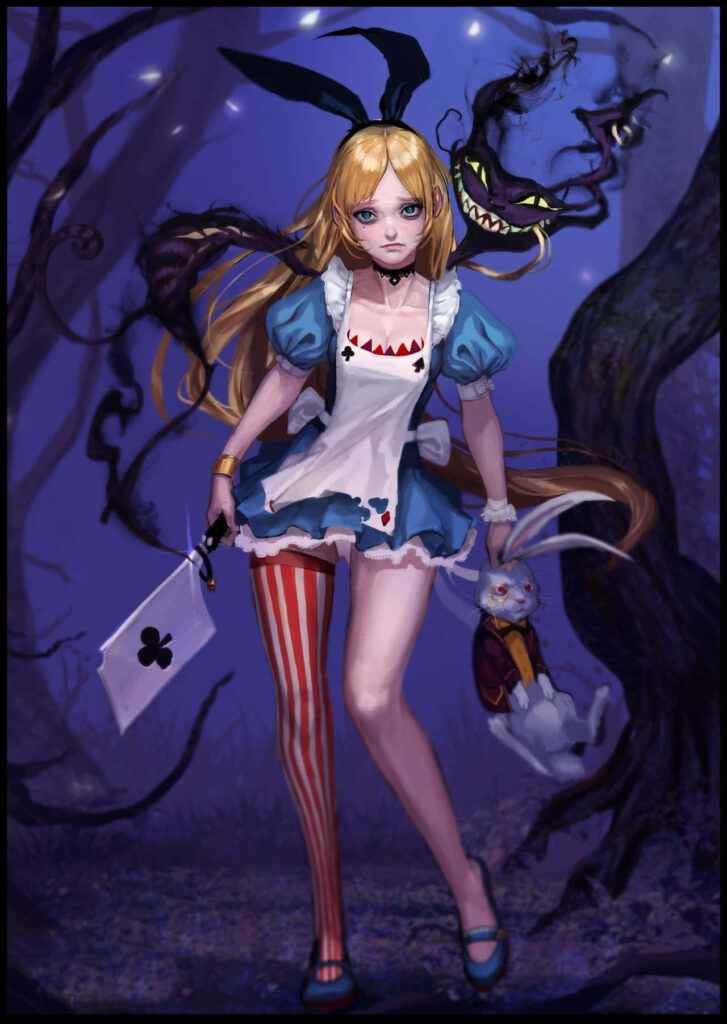 Alice in Wonderland in mystical forest holding playing card and White Rabbit with dark shadows Wallpaper