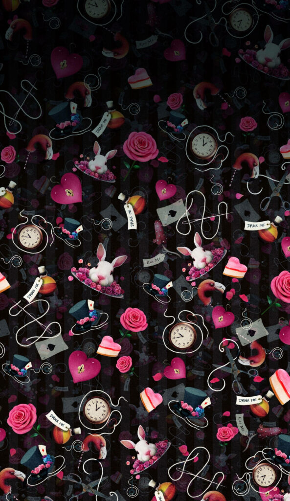 Alice in Wonderland wallpaper with White Rabbit pocket watches roses and classic story elements