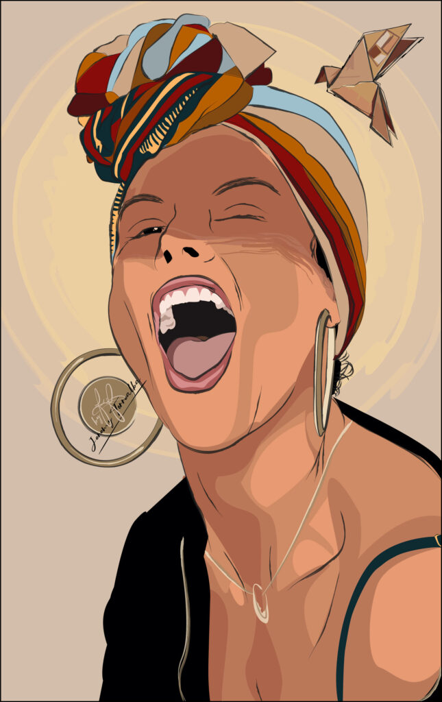 Alicia Keys singing joyfully with colorful headwrap bold hoop earrings and delicate necklace wallpaper