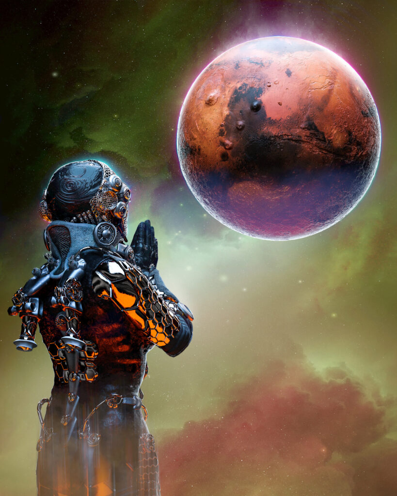 Alien Reverence: Artistic Space Wallpaper with Planetary Backdrop